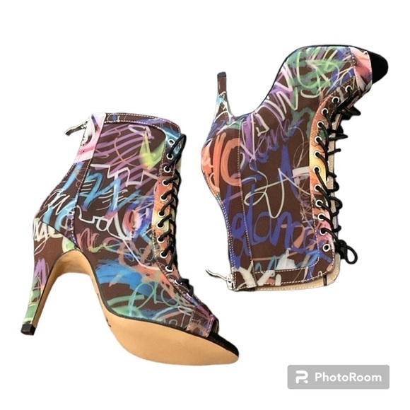 NWT BURJU Sofiya graphic multi color Open Toe Lace Up Ankle Boots | 6 1/2 - Picture 2 of 12